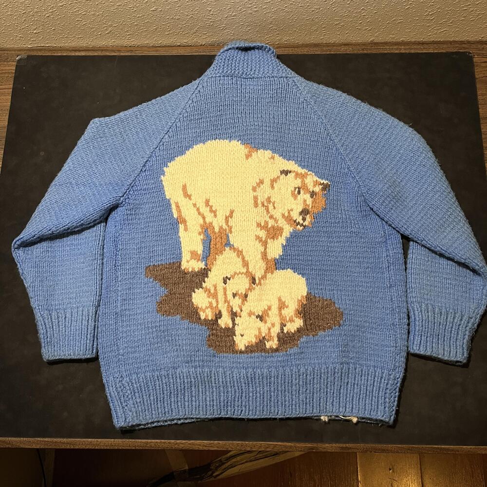 Vintage Polar Bear Cowichan 1950s Sweater Men XL Zip Shawl Collar Knit Cardigan